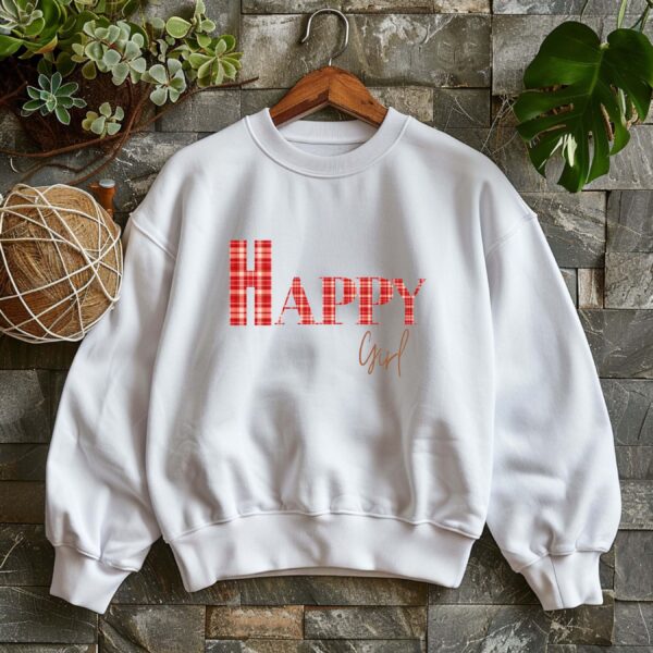 White sweatshirt with red checked letters spelled as HAPPY girl – feminine and minimal, from Bhoomkins’ Sweatshirts collection