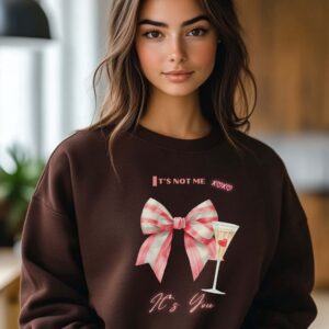 Dark Chocolate sweatshirt with Red Striped and Champagne Print & It's not me, It's You text– feminine and minimal, from Bhoomkins’ Coquette collection