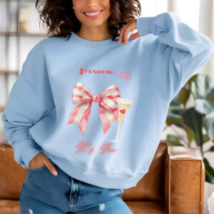 Light Blue sweatshirt with Red Striped and Champagne Print & It's not me, It's You text– feminine and minimal, from Bhoomkins’ Coquette collection