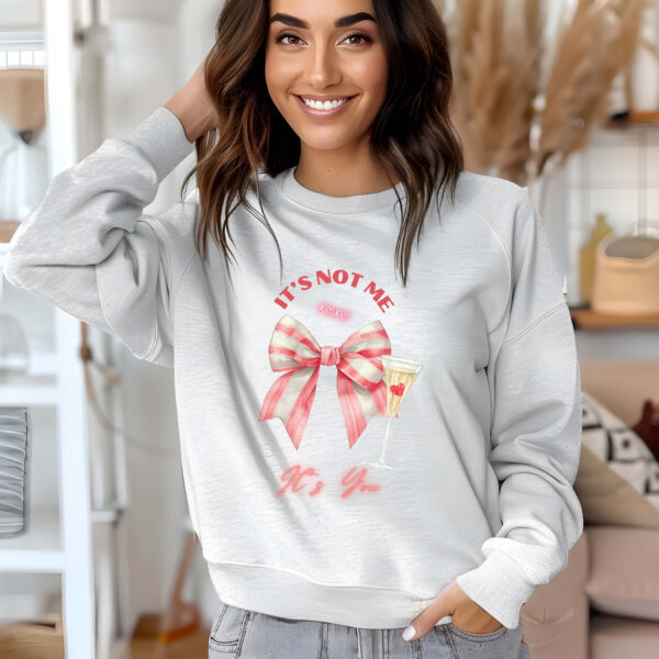 Ash sweatshirt with striped bow print and It's not me, It's You text– feminine and minimal, from Bhoomkins’ Coquette collection