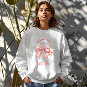 White sweatshirt with striped bow print and It's not me, It's You text– feminine and minimal, from Bhoomkins’ Coquette collection