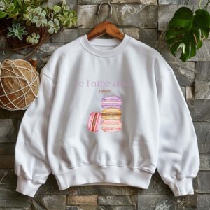 White sweatshirt with Donuts Print & Je Taime aussi text – feminine and minimal, from Bhoomkins’ Sweatshirt collection