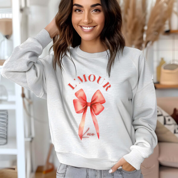 Ash sweatshirt with Red Bow Print & L'mour (Love) text – feminine and minimal, from Bhoomkins’ Coquette collection