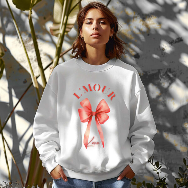 White sweatshirt with Red Bow Print & L'mour (Love) text – feminine and minimal, from Bhoomkins’ Coquette collection