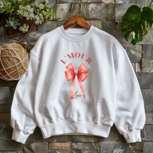 White sweatshirt with Red Bow Print & L'mour (Love) text – feminine and minimal, from Bhoomkins’ Coquette collection