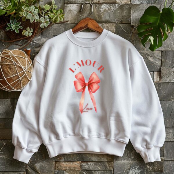 White sweatshirt with Red Bow Print & L'mour (Love) text – feminine and minimal, from Bhoomkins’ Coquette collection