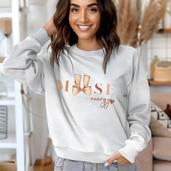 Ash sweatshirt with cute brown bow print and muse energy text– feminine and minimal, from Bhoomkins’ Coquette collection