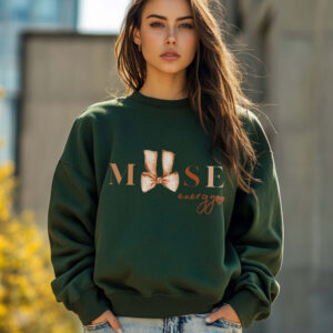 Forest Green sweatshirt with cute brown bow print and muse energy text– feminine and minimal, from Bhoomkins’ Coquette collection