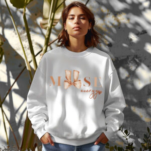 White sweatshirt with cute brown bow print and muse energy text– feminine and minimal, from Bhoomkins’ Coquette collection