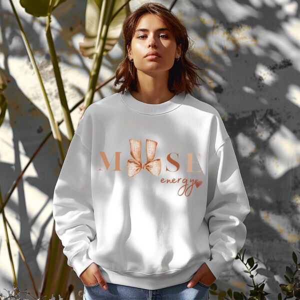 White sweatshirt with cute brown bow print and muse energy text– feminine and minimal, from Bhoomkins’ Coquette collection