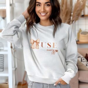 Ash sweatshirt with Cute Brown Bow and Muse Energy text – feminine and minimal, from Bhoomkins’ Coquette collection