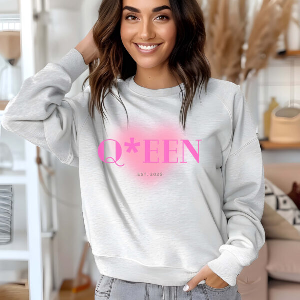 Ash sweatshirt with Pink Heart and Queen text– feminine and minimal, from Bhoomkins’ Sweatshirt collection