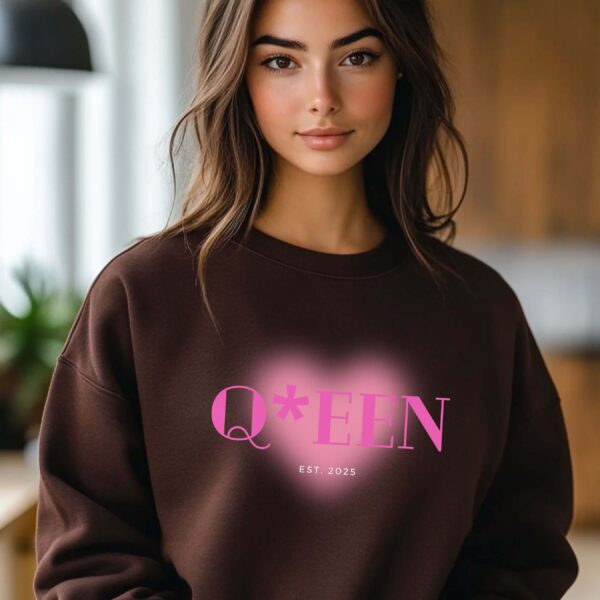 Dark Chocolate sweatshirt with Pink Heart and Queen text– feminine and minimal, from Bhoomkins’ Sweatshirt collection