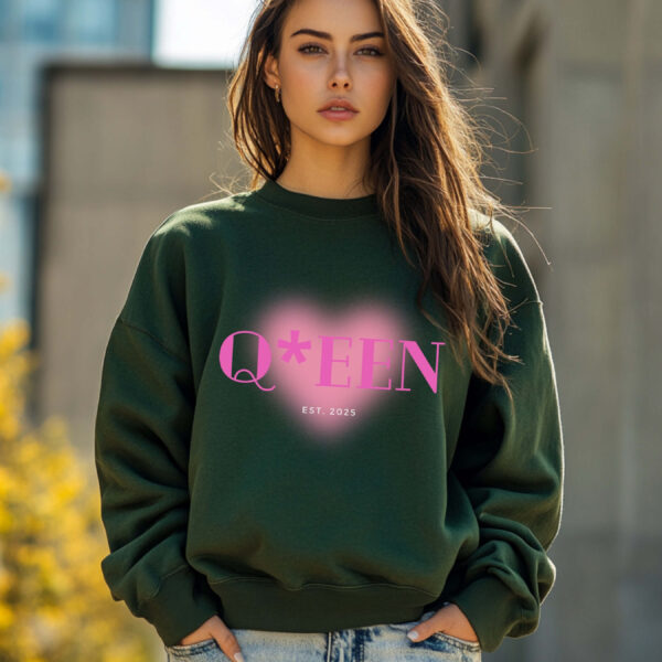 Forest Green sweatshirt with Pink Heart and Queen text– feminine and minimal, from Bhoomkins’ Sweatshirt collection