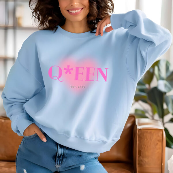 Light Blue sweatshirt with Pink Heart and Queen text– feminine and minimal, from Bhoomkins’ Sweatshirt collection