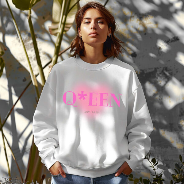 White sweatshirt with Pink Heart and Queen text– feminine and minimal, from Bhoomkins’ Sweatshirt collection