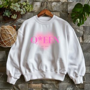 White sweatshirt with Pink Heart and Queen text– feminine and minimal, from Bhoomkins’ Sweatshirt collection