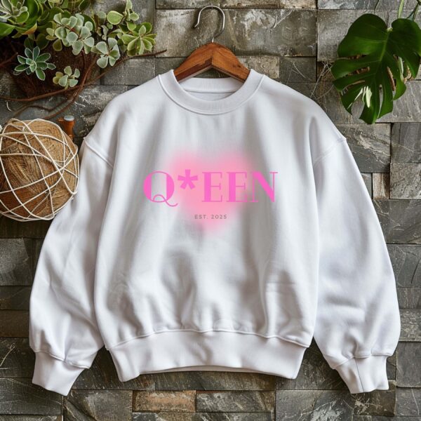 White sweatshirt with Pink Heart and Queen text– feminine and minimal, from Bhoomkins’ Sweatshirt collection
