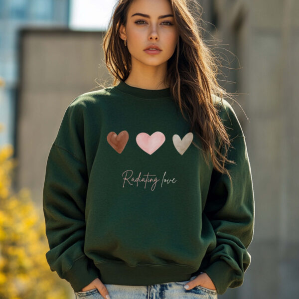 Forest Green sweatshirt with hearts print & radiating love text– feminine and minimal, from Bhoomkins’ Sweatshirt collection