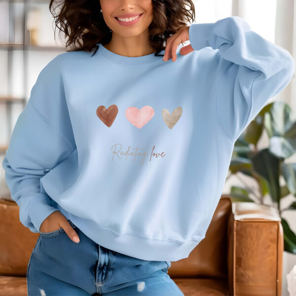 Light Blue sweatshirt with hearts print & radiating love text– feminine and minimal, from Bhoomkins’ Sweatshirt collection