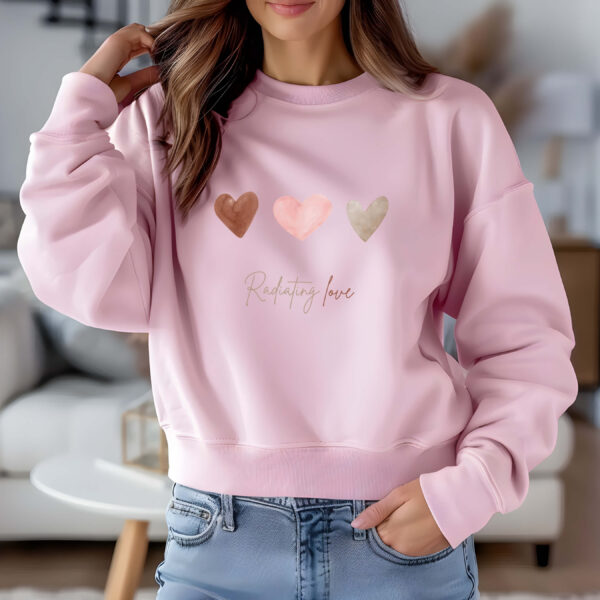 Light Pink sweatshirt with hearts print & radiating love text– feminine and minimal, from Bhoomkins’ Sweatshirt collection