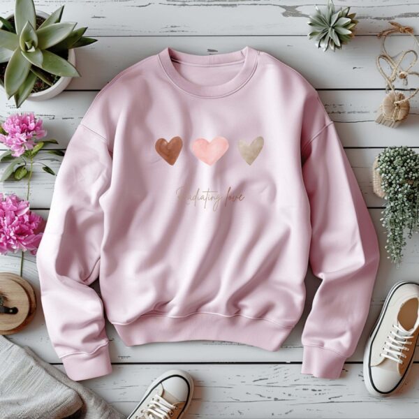 Light Pink sweatshirt with hearts print & radiating love text– feminine and minimal, from Bhoomkins’ Sweatshirt collection