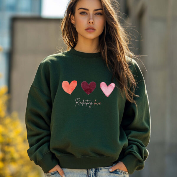Forest Green sweatshirt with hearts print & radiating love text– feminine and minimal, from Bhoomkins’ Sweatshirt collection