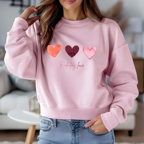 Light Pink sweatshirt with hearts print & radiating love text– feminine and minimal, from Bhoomkins’ Sweatshirt collection