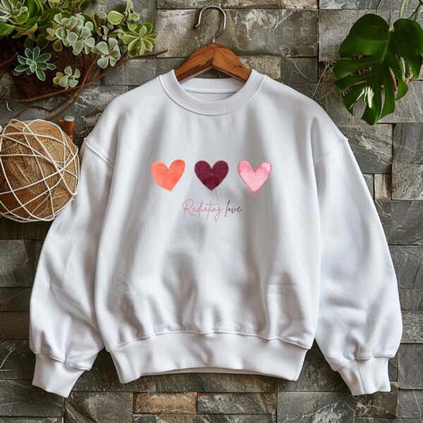 White sweatshirt with hearts print & radiating love text– feminine and minimal, from Bhoomkins’ Sweatshirt collection