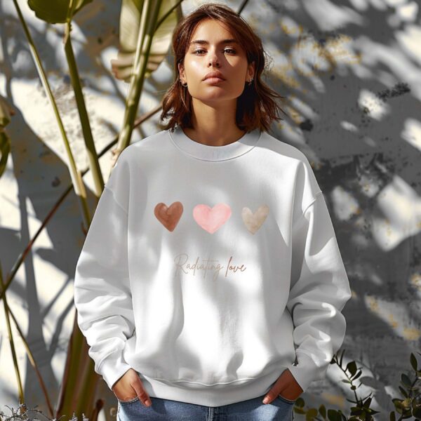 White sweatshirt with hearts print & radiating love text– feminine and minimal, from Bhoomkins’ Sweatshirt collection