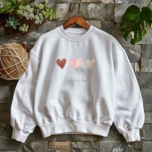 White sweatshirt with hearts print & radiating love text– feminine and minimal, from Bhoomkins’ Sweatshirt collection