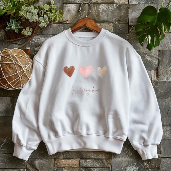 White sweatshirt with hearts print & radiating love text– feminine and minimal, from Bhoomkins’ Sweatshirt collection