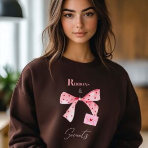 Dark Chocolate sweatshirt with Pink Bow & Love Letter and Ribbons & Secrets text– feminine and minimal, from Bhoomkins’ Coquette collection