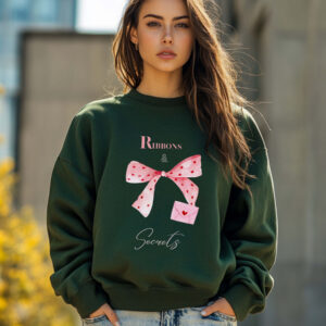 Forest Green sweatshirt with Pink Bow & Love Letter and Ribbons & Secrets text– feminine and minimal, from Bhoomkins’ Coquette collection
