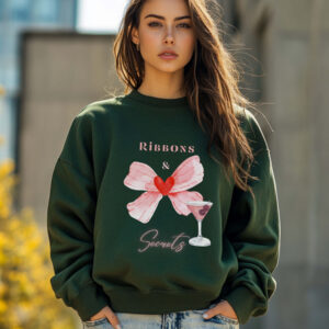 Forest Green sweatshirt with romantic bow print and ribbons and secrets text – feminine and minimal, from Bhoomkins’ Coquette collection