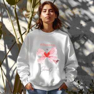 White sweatshirt with romantic bow print and ribbons and secrets text – feminine and minimal, from Bhoomkins’ Coquette collection