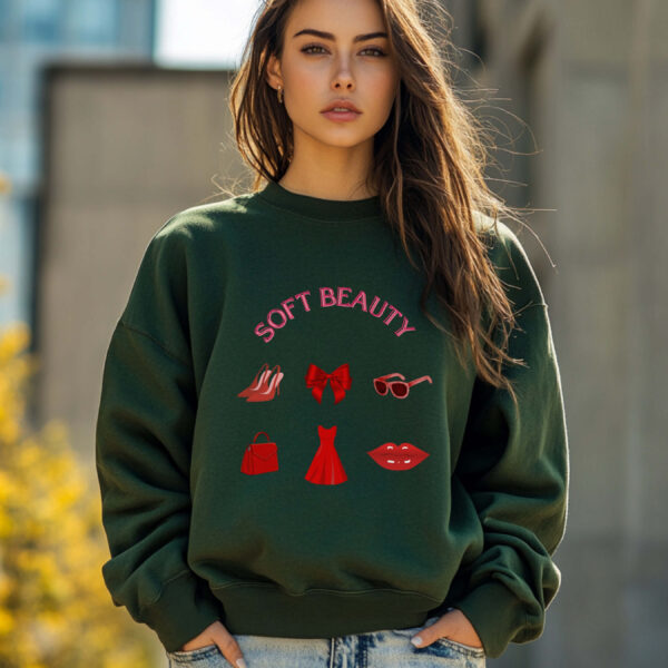 Forest Green sweatshirt with GRWM elements in red and Soft Beauty text– feminine and minimal, from Bhoomkins’ Coquette collection