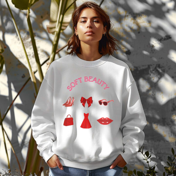 White sweatshirt with GRWM elements in red and Soft Beauty text– feminine and minimal, from Bhoomkins’ Coquette collection