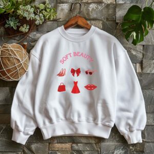 White sweatshirt with GRWM elements in red and Soft Beauty text– feminine and minimal, from Bhoomkins’ Coquette collection