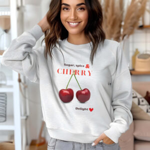 Ash sweatshirt with Red Cherry Print and Sugar, Spice & Cherry Delight text– feminine and minimal, from Bhoomkins’ Cherry collection