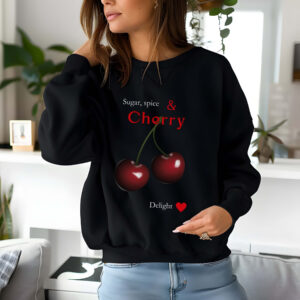 Black sweatshirt with Red Cherry Print and Sugar, Spice & Cherry Delight text– feminine and minimal, from Bhoomkins’ Cherry collection