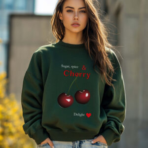 Forest Green sweatshirt with Red Cherry Print and Sugar, Spice & Cherry Delight text– feminine and minimal, from Bhoomkins’ Cherry collection