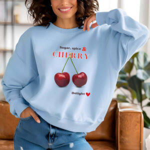 Light Blue sweatshirt with Red Cherry Print and Sugar, Spice & Cherry Delight text– feminine and minimal, from Bhoomkins’ Cherry collection