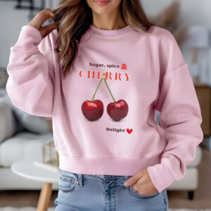 Light Pink sweatshirt with Red Cherry Print and Sugar, Spice & Cherry Delight text– feminine and minimal, from Bhoomkins’ Cherry collection