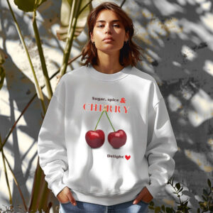 White sweatshirt with Red Cherry Print and Sugar, Spice & Cherry Delight text– feminine and minimal, from Bhoomkins’ Cherry collection