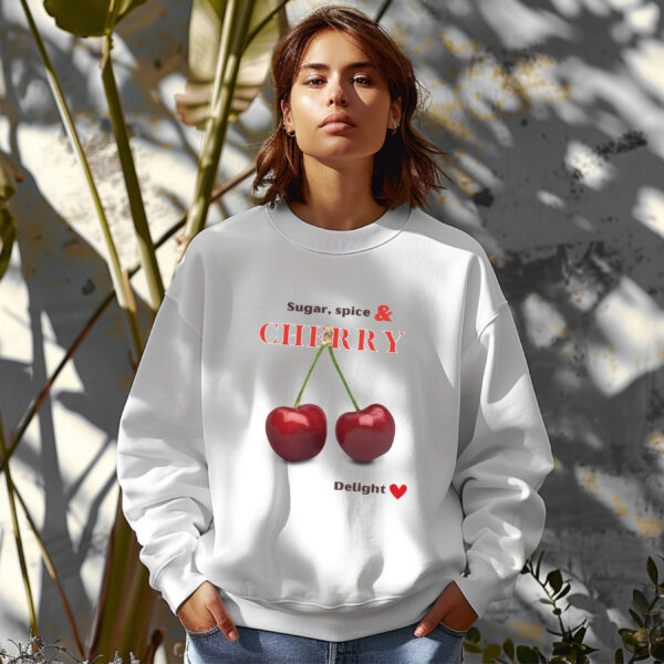 White sweatshirt with Red Cherry Print and Sugar, Spice & Cherry Delight text– feminine and minimal, from Bhoomkins’ Cherry collection