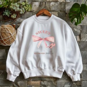 White sweatshirt with Cute Pink Bow and Heels and Sweet But Never Subtle text – feminine and minimal, from Bhoomkins’ Coquette collection