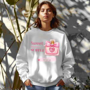 White sweatshirt with Cute Perfume Bottle and Sweet But Never Subtle text – feminine and minimal, from Bhoomkins’ Boldly Feminine collection