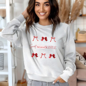 Ash sweatshirt with red bows print and Sweet but never subtle text– feminine and minimal, from Bhoomkins’ Coquette collection