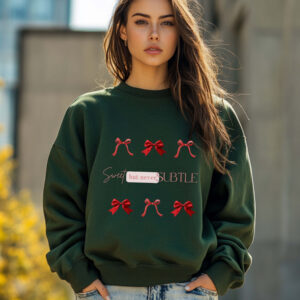 Forest Green sweatshirt with red bows print and Sweet but never subtle text– feminine and minimal, from Bhoomkins’ Coquette collection